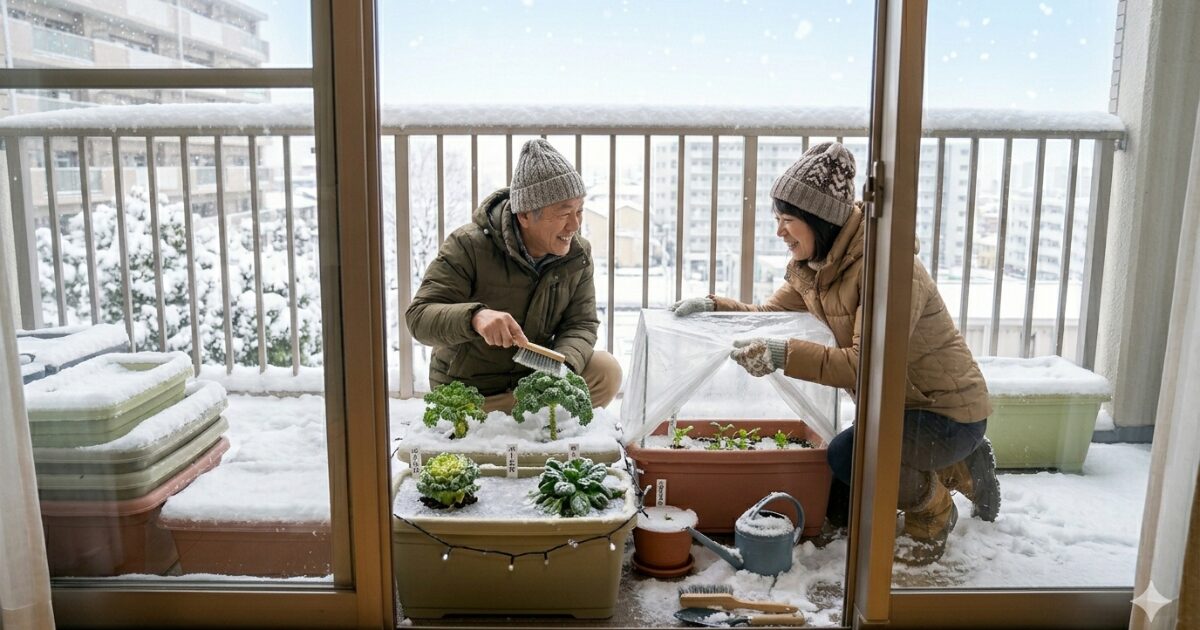 ベランダ菜園で冬の始め方と育てやすい野菜のイメージ図