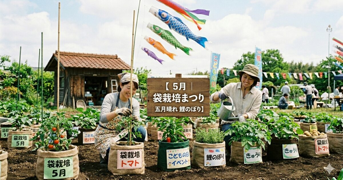 5月のイベントで鯉のぼりの前で袋栽培をしているイメージ図