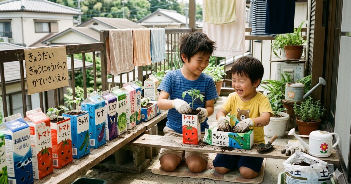 牛乳パックで家庭菜園している兄弟のイメージ図
