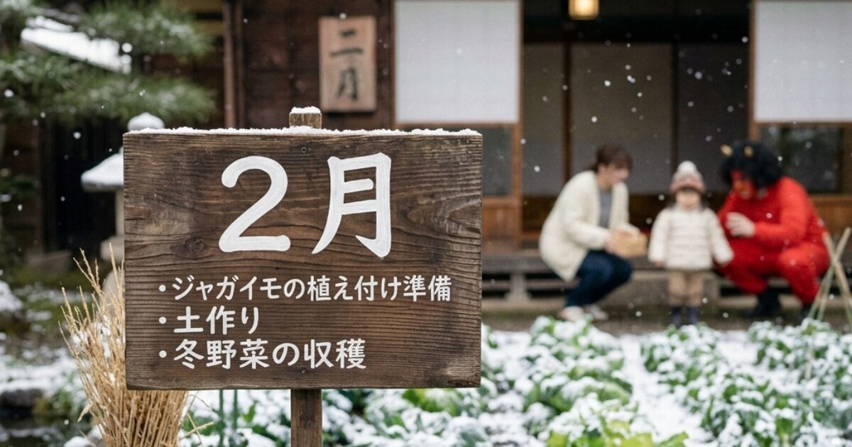 2月の看板が雪の中に立っている