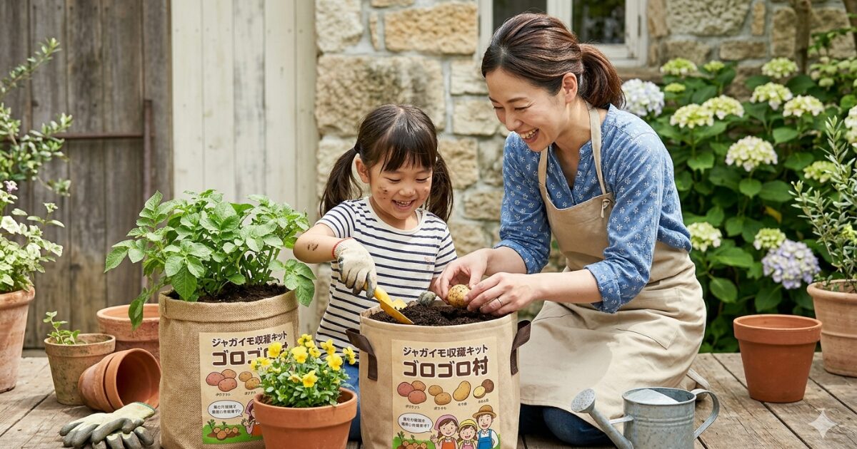 親子で袋栽培をしているイメージ図