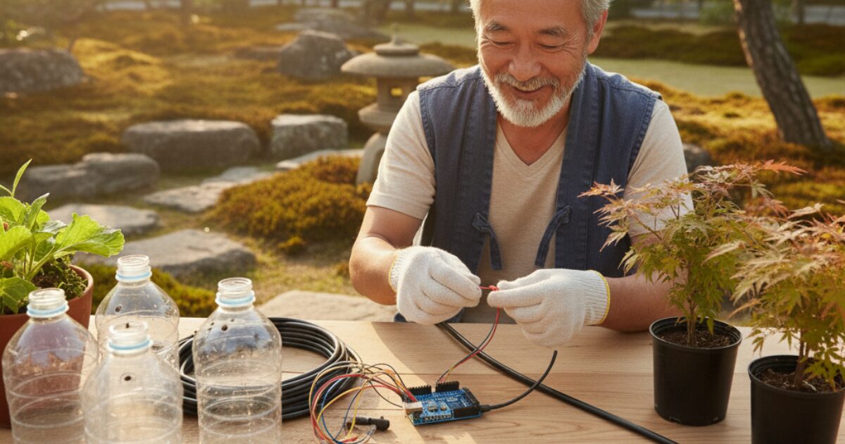 週末におじさんがペットボトルで自動水やり機をDIYしているイメージ図