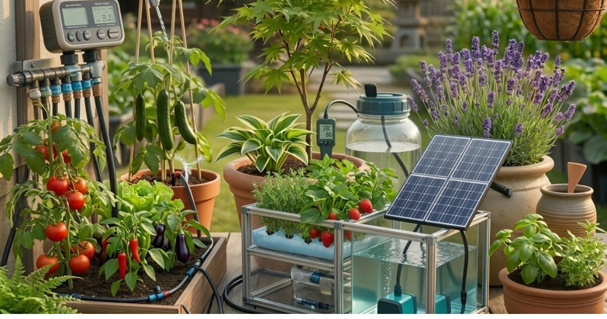 いろんな種類の自動水やり機のイメージ図