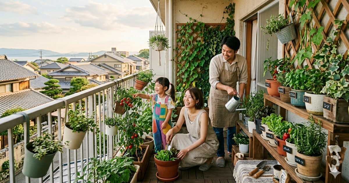ベランダ菜園している家族のイメージ図