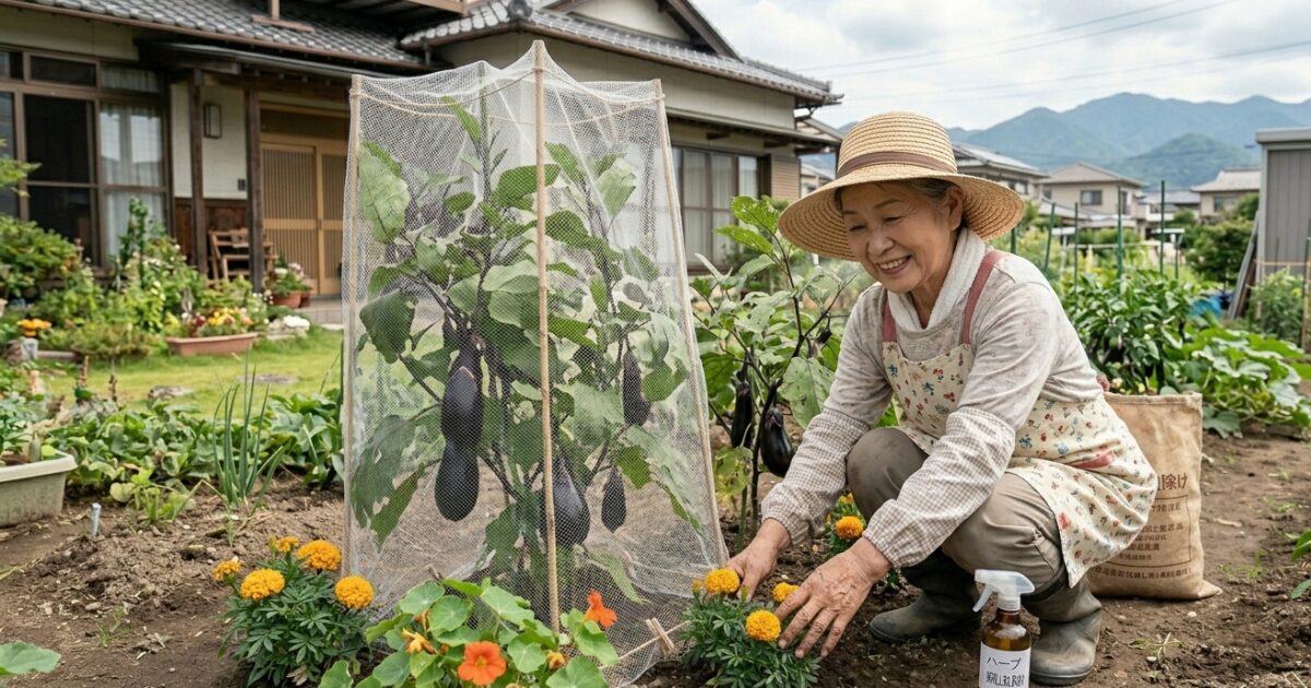 ナスの管理をしているおばさんのイメージ図