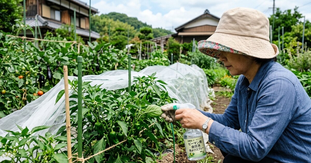 ピーマンの虫除けをしている女性のイメージ図