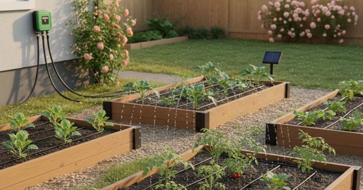 庭で自動水やり機で水やりをしているイメージ図