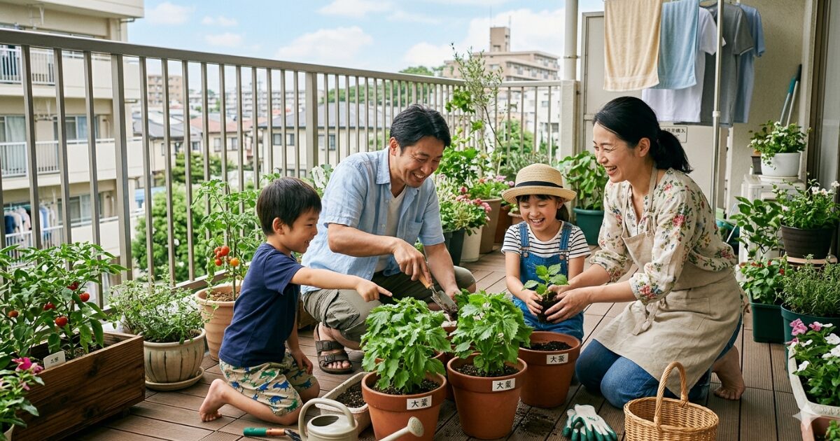 ベランダで家族がシソを育てているイメージ図