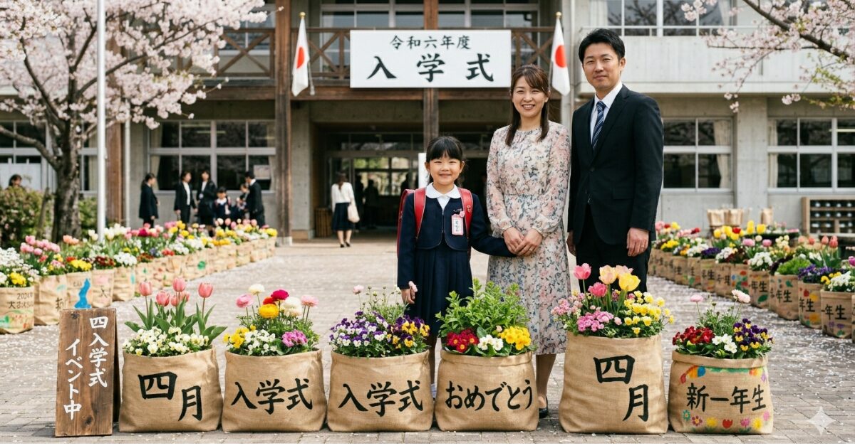 ４月イベントで袋栽培をして果座sられている入学式のイメージ図