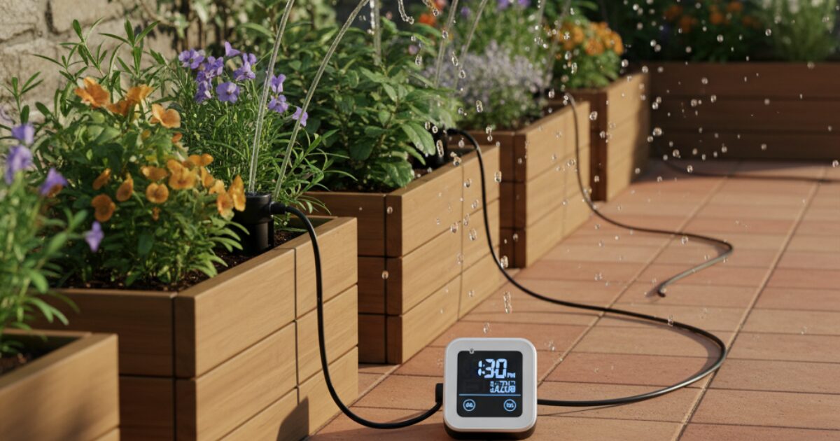 プランターに水やり機で水やりしているイメージ図