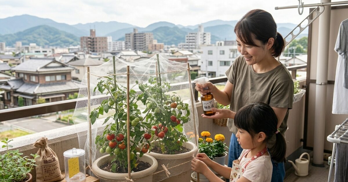 ベランダで硬い菜園している親子が虫除け対策しているイメージ図