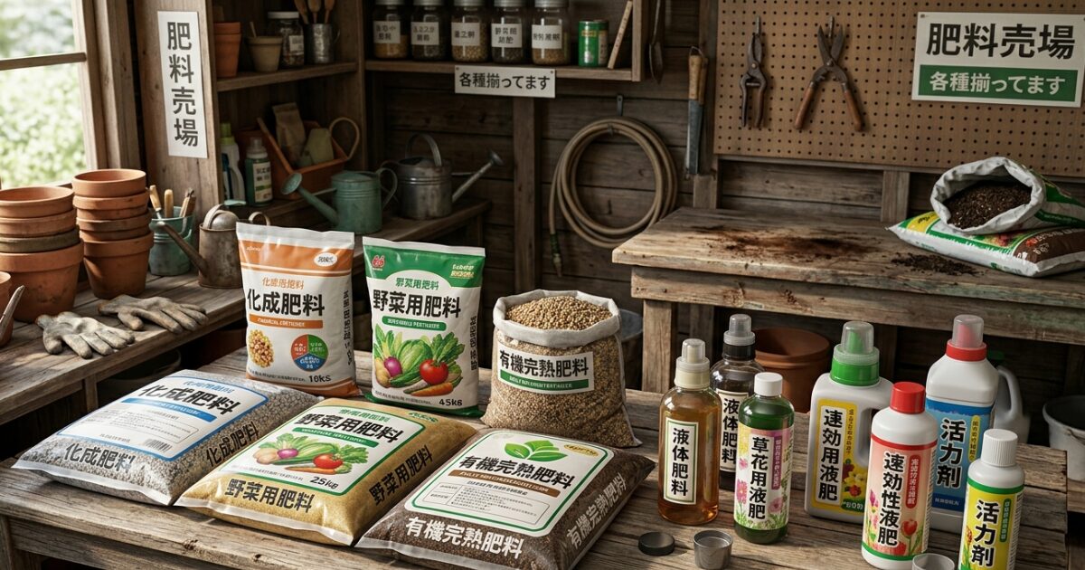 たくさんの肥料が売られているイメージ図