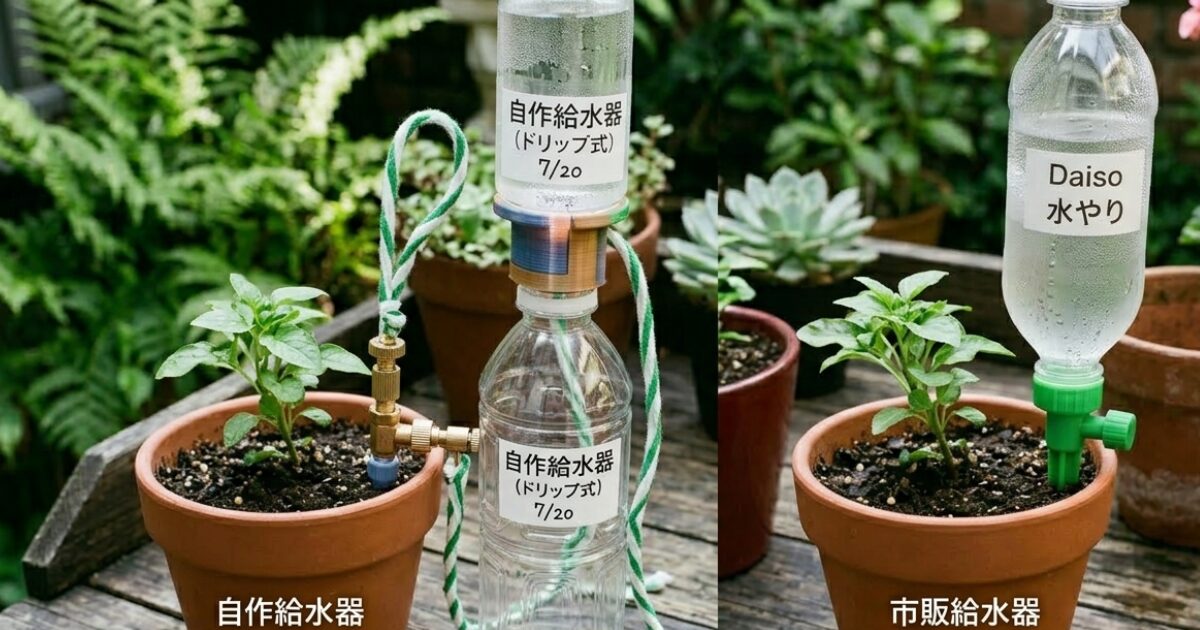 市販と自作のペットボトルの自動水やり機のイメージ図