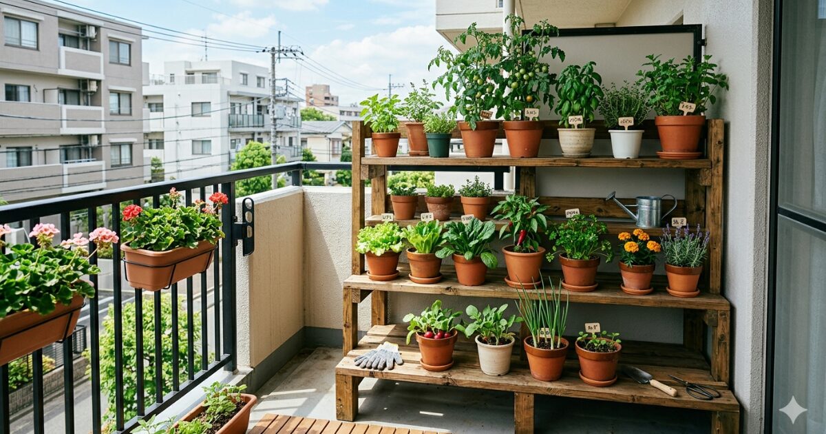 ベランダ菜園で棚を使っているイメージ図