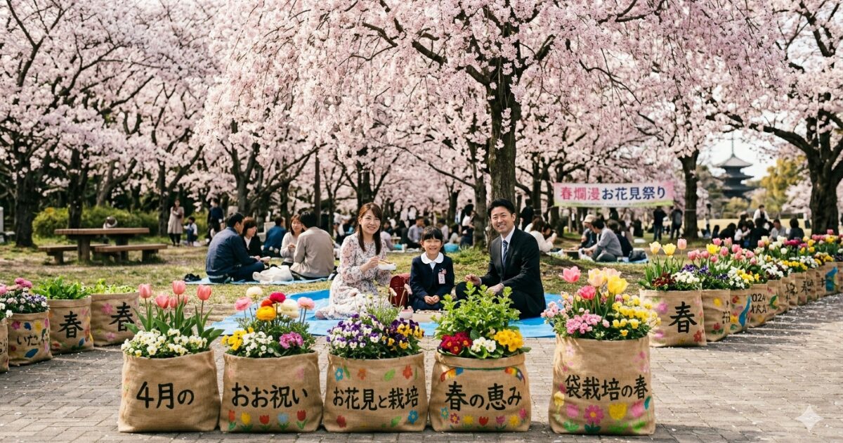 袋栽培が飾られている中お花見をしている家族のイメージ図