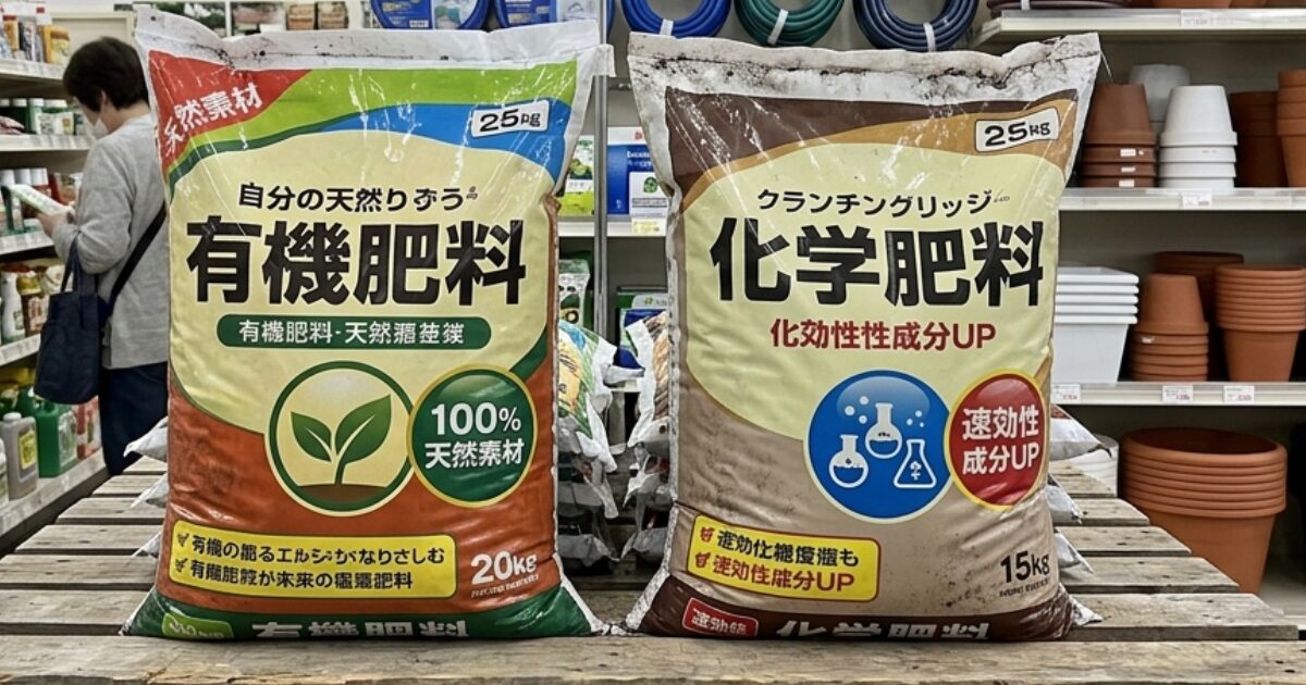 有機肥料と化学肥料の袋のイメージ図