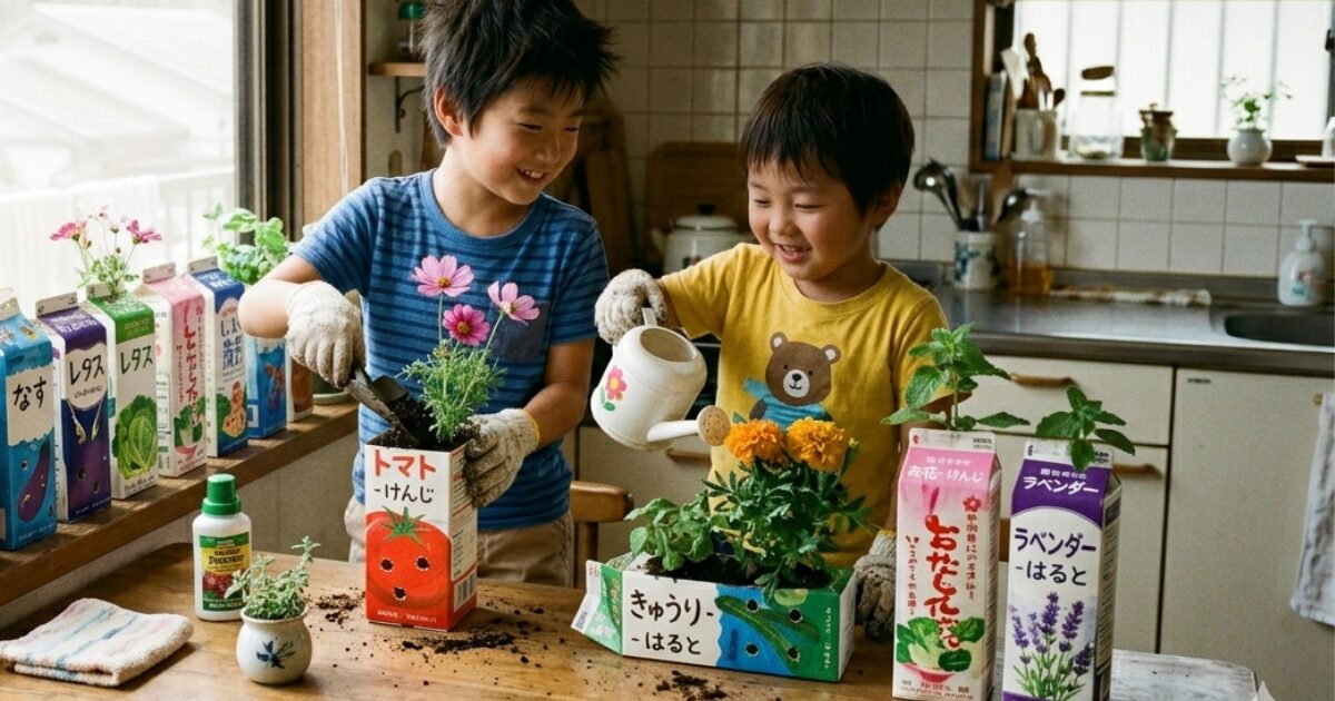 室内で牛乳パックで家庭菜園している兄弟のイメージ図