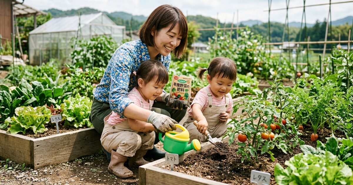 親子3人で庭で家庭菜園しているイメージ図