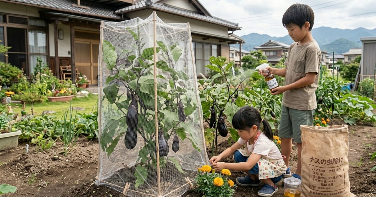 庭で兄妹がナスの防虫対策をしているイメージ図