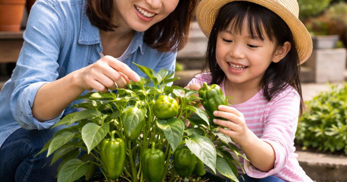 親子でピーマンの袋栽培をしているイメージ図
