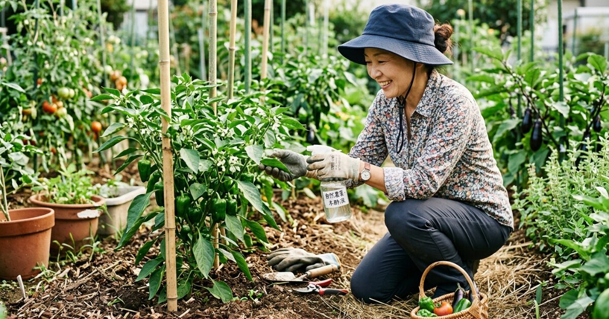 ナスを収穫しているおばさんのイメージ図