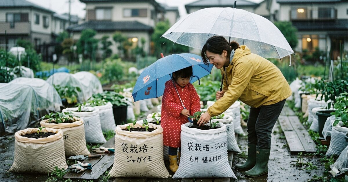 6月梅雨の時期に袋栽培している親子のイメージ図