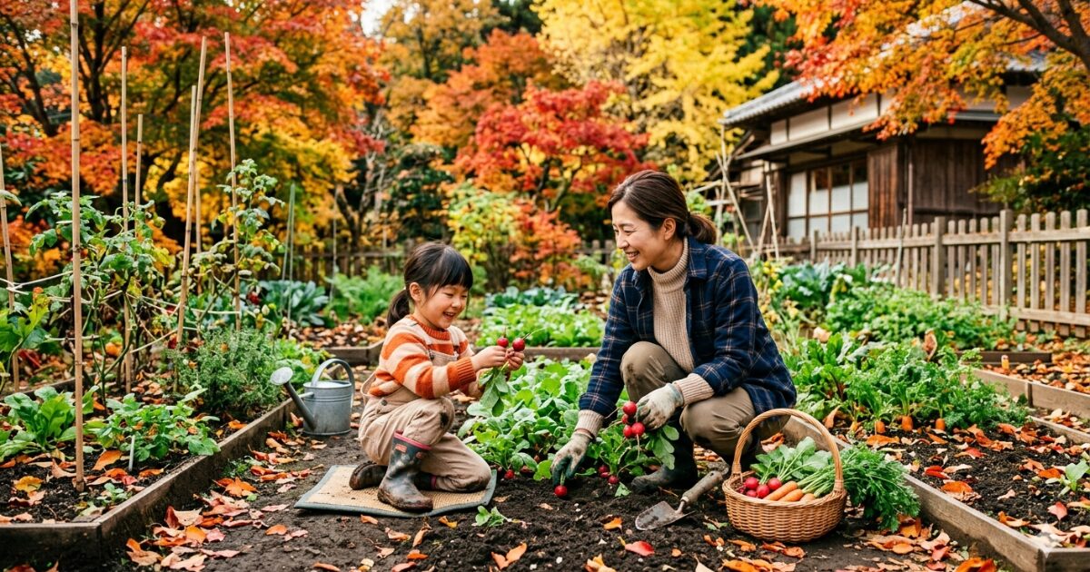 11月のイベントで親子で紅葉を楽しみながら、家庭菜園をしているイメージ図