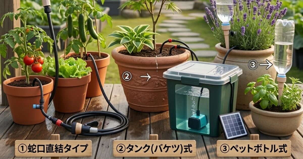 3種類の自動水やり機のイメージ図