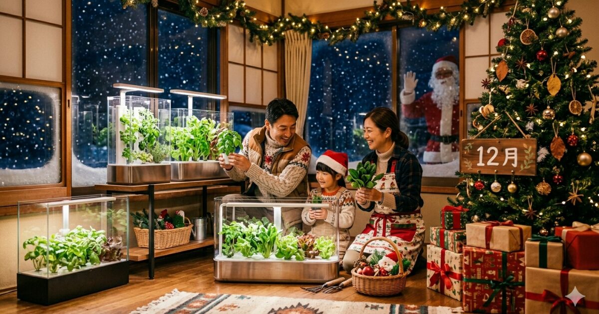 12月クリスマスイベントの中水耕栽培をしている家族のイメージ図