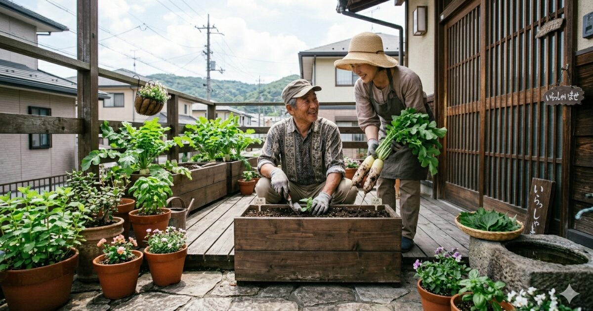 夫婦で大根をプランターで育てているイメージ図
