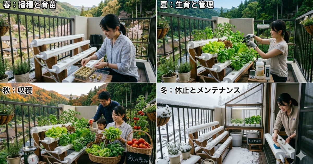ベランダで水耕栽培年間管理をしている女性のイメージ図