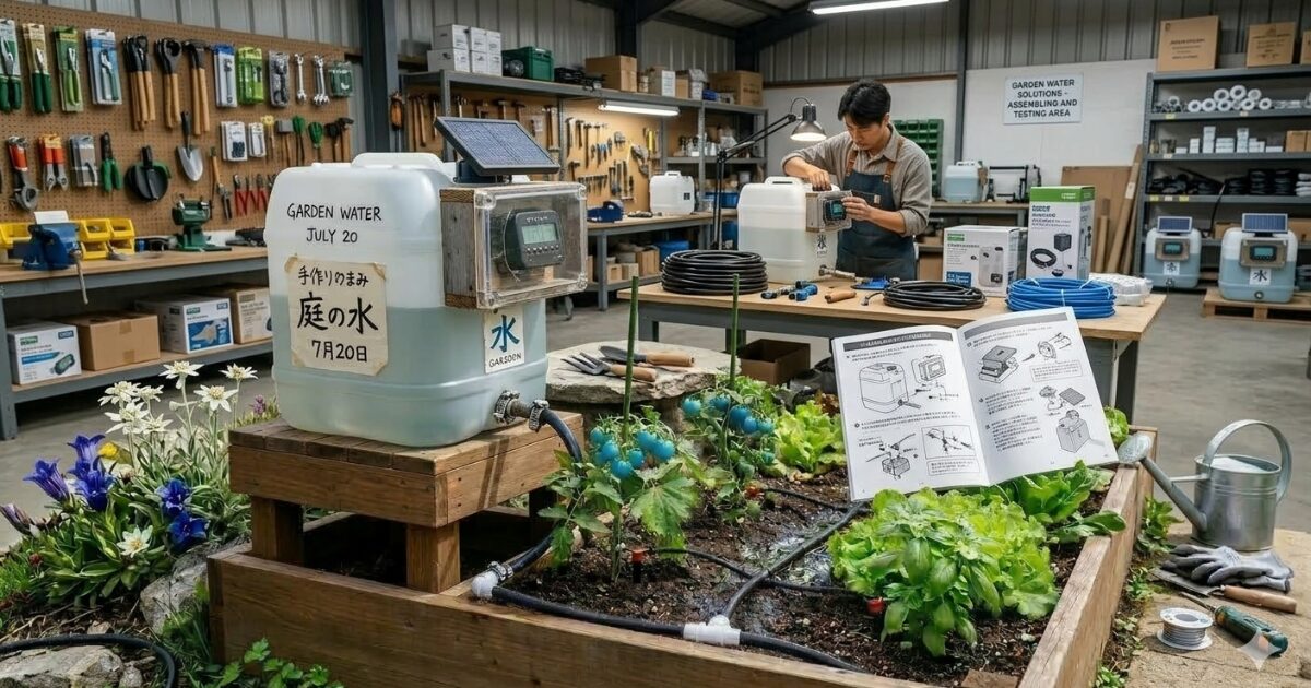 タンク式自動水やり機を倉庫で作成している男性のイメージ図