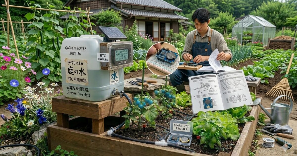 RTCを用いた自動水やり機を畑で作成しているイメージ図