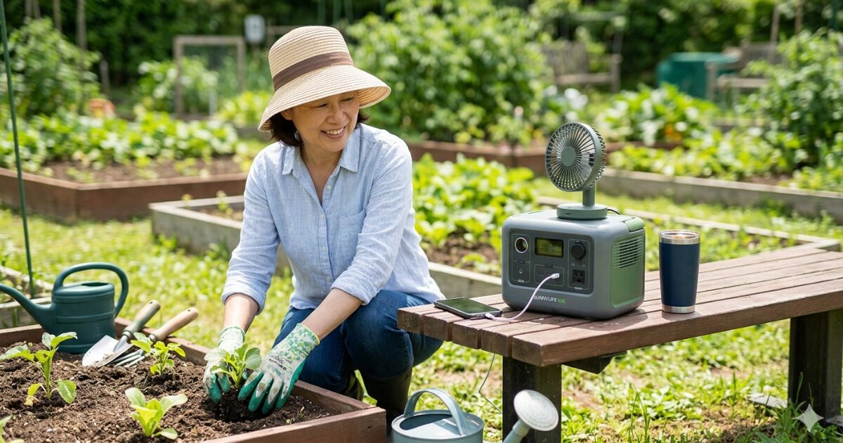 週末の軽作業・休憩時の電力確保にポータブル電源のイメージ図