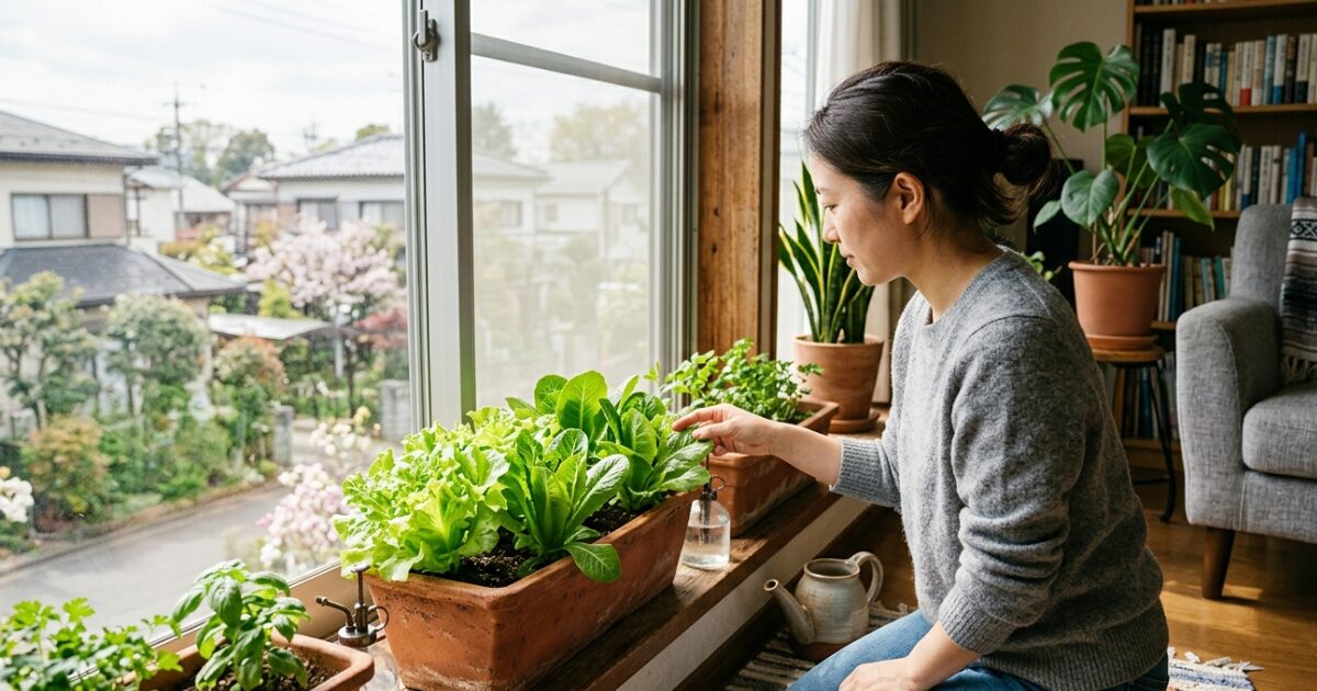 室内でプランターでレタスを育てている女性のイメージ図
