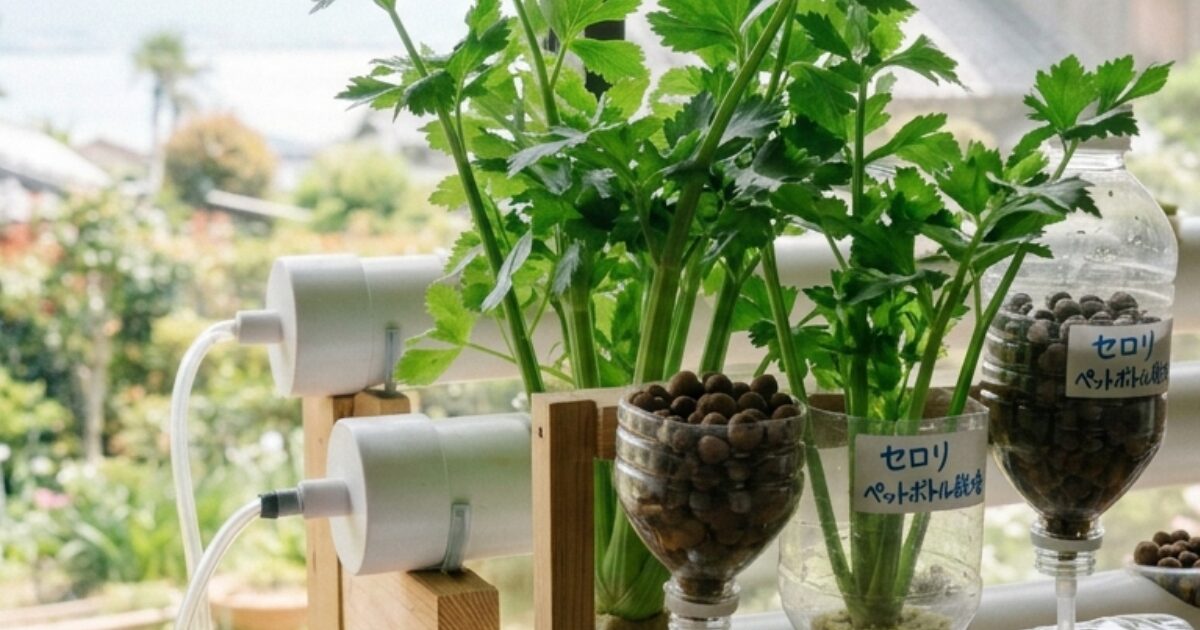 ペットボトルで水耕栽培しているイメージ図