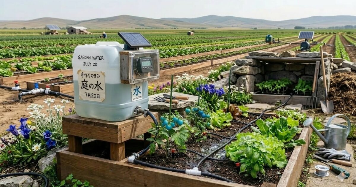 大きい畑でタンク式自動水やり機の畑に水やりしているイメージ図