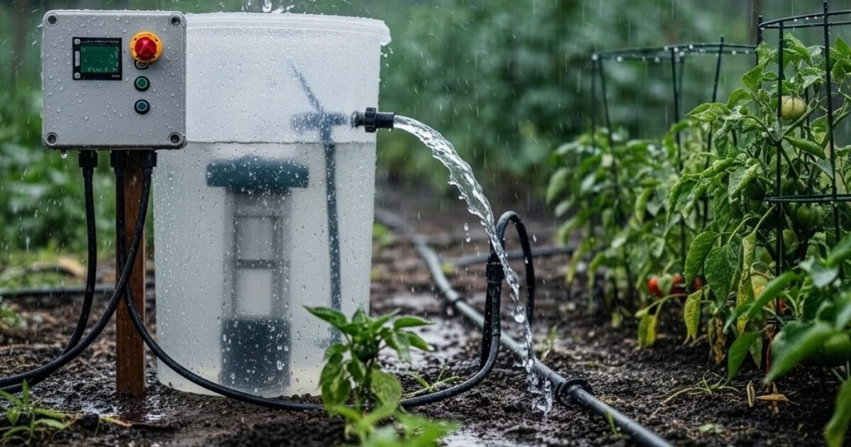 雨の中作動しているDIYのタンク式自動水やり機のイメージ図