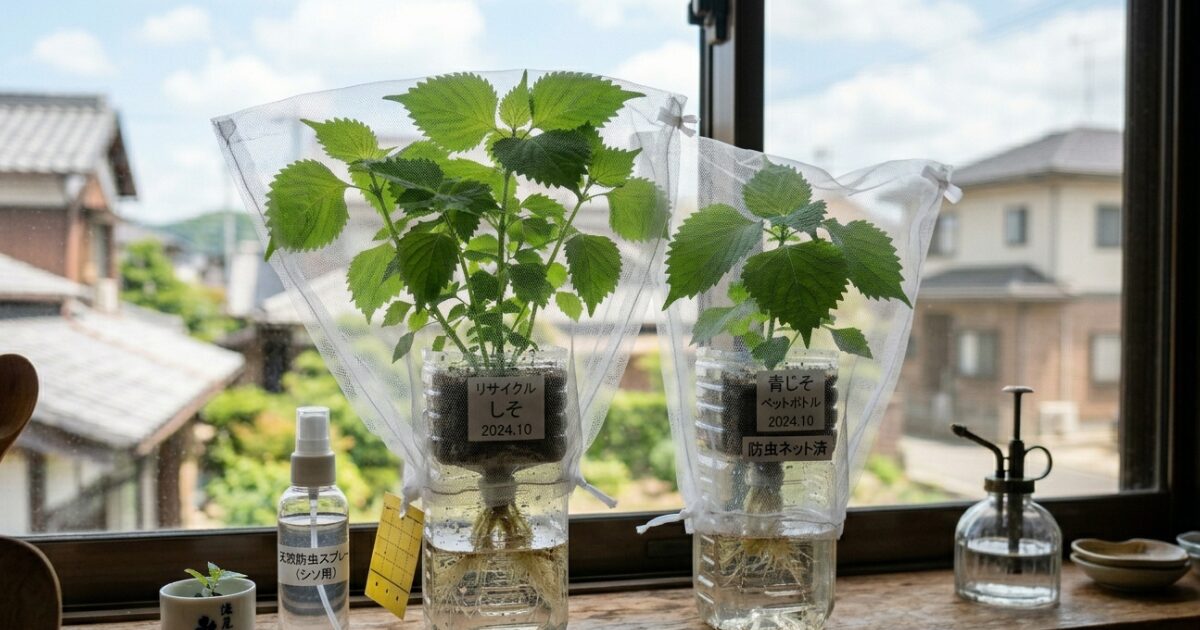 ペットボトルで大葉を水耕栽培しながら虫対策しているイメージ図