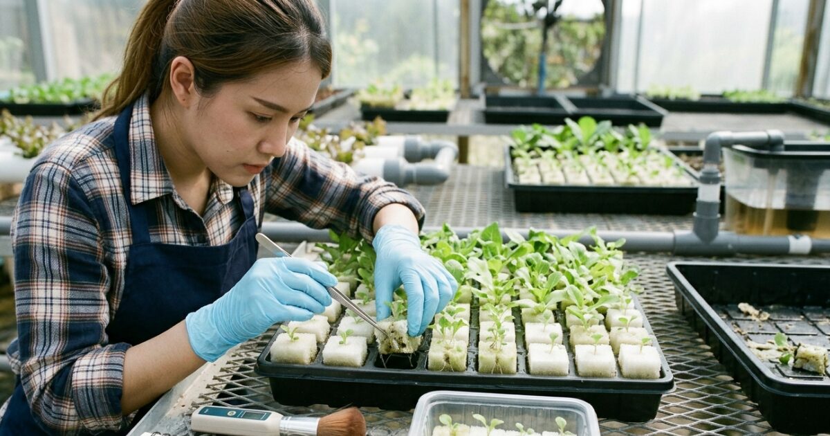 水耕栽培でスポンジから植え替えしている女性のイメージ図