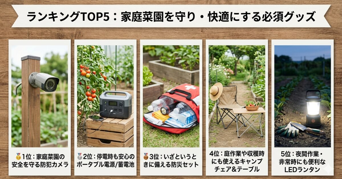 家庭菜園を快適＆安全にする防災・防犯＆キャンプ用品ランキングのイメージ図