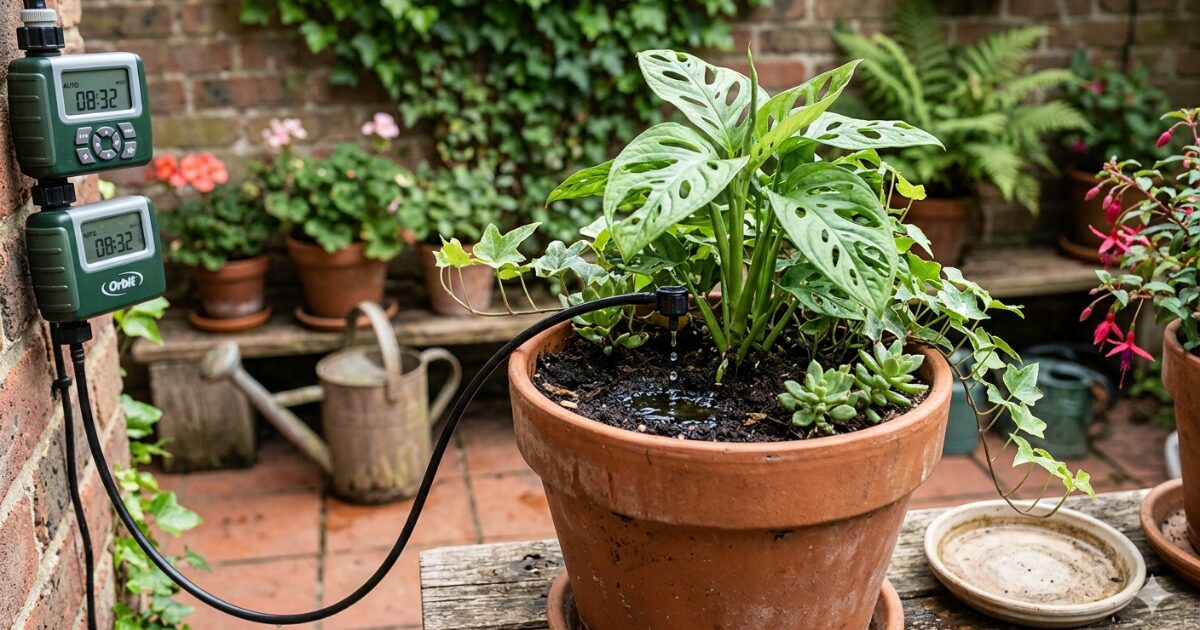 自動水やりで植木鉢に水やりしているイメージ図