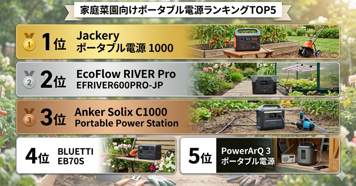 家庭菜園向け防災・蓄電池・ポータブル電源ランキングTOP５イメージ図