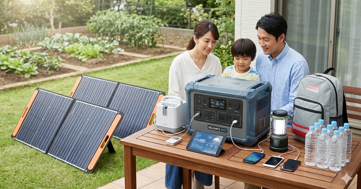 防災・非常用電源としての蓄電池利用のポータブル電源イメージ図