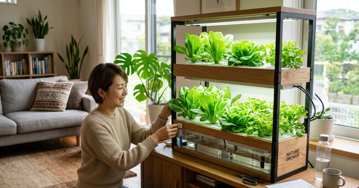 室内で水耕栽培でれたすを育てている女性のイメージ図
