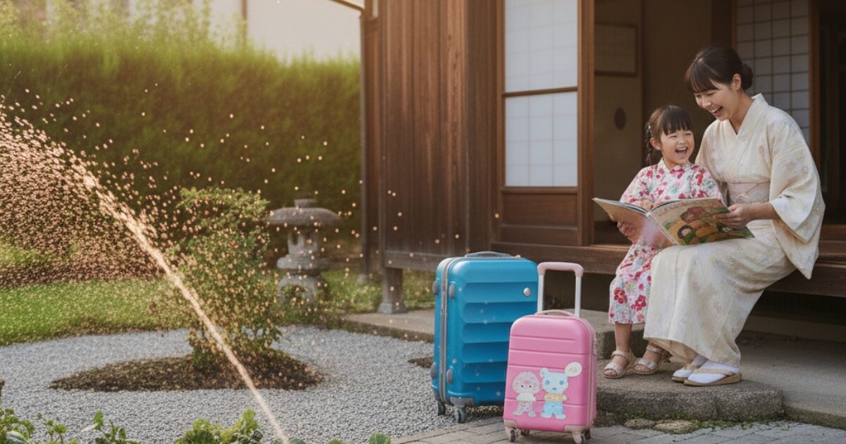 キャリーバッグを持っている親子が、縁側で浴衣になって微笑んでいるイメージ図