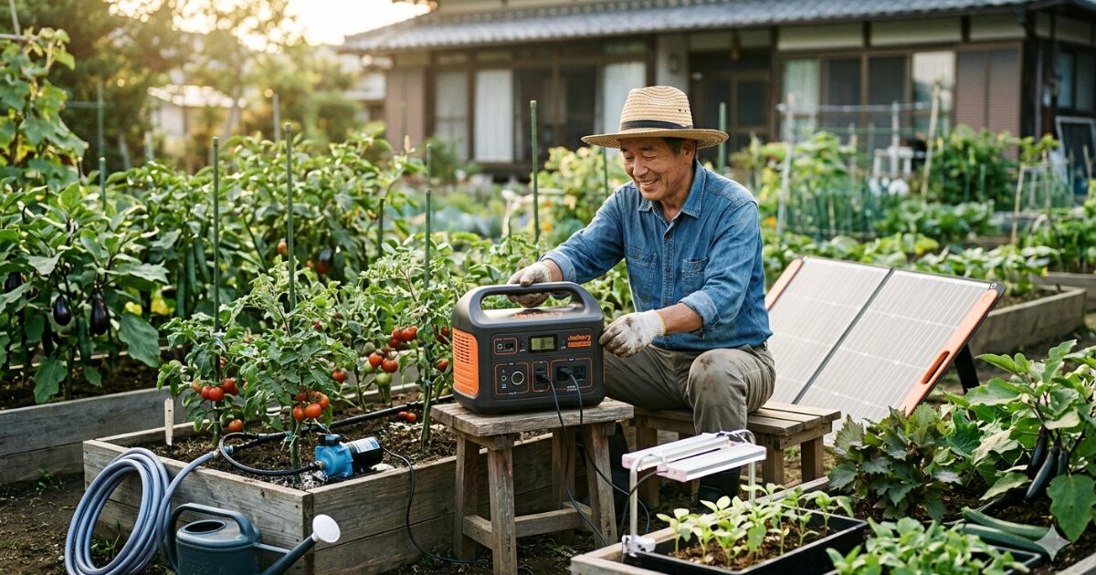 ポータブル電源を使って家庭菜園をしている男性のイメージ図