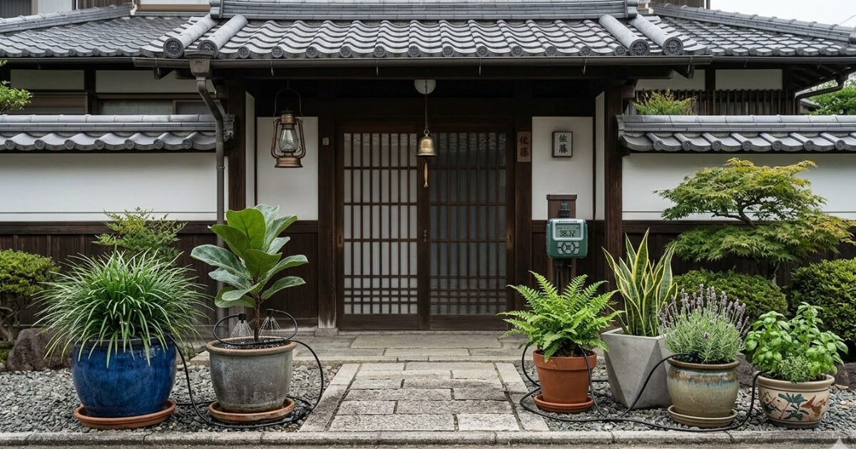 自宅前に大きな植木鉢がたくさん並んでいるイメージ図