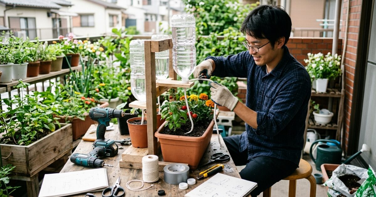 ペットボトルで自動水やり機を作成している男性のイメージ図