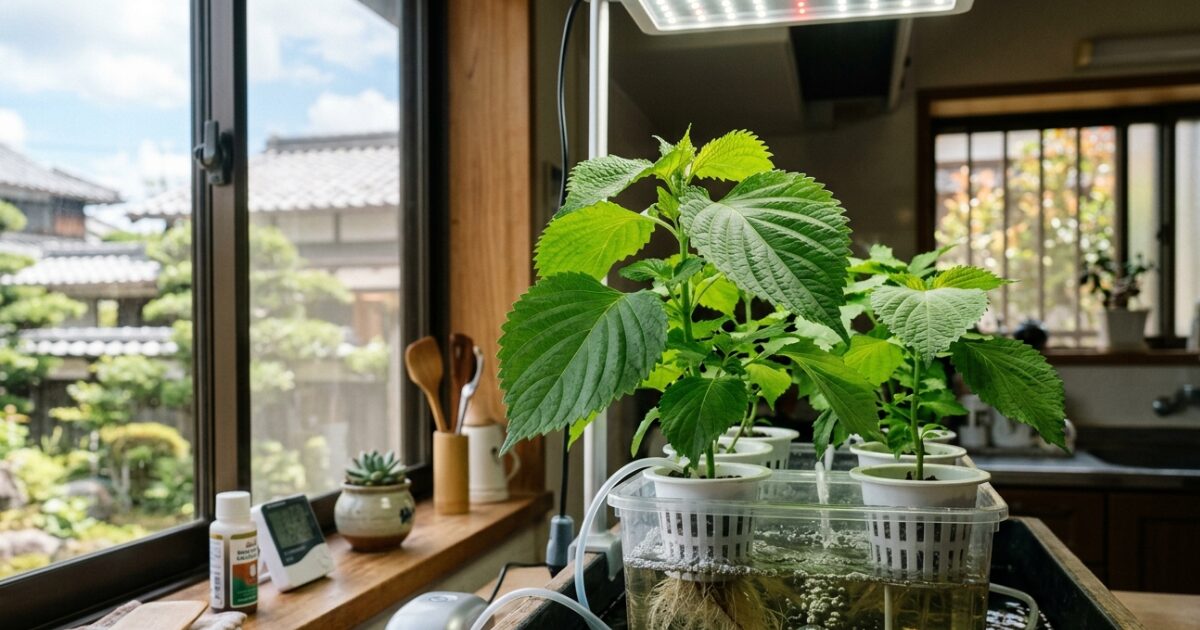 水耕栽培で大葉を育てているイメージ図
